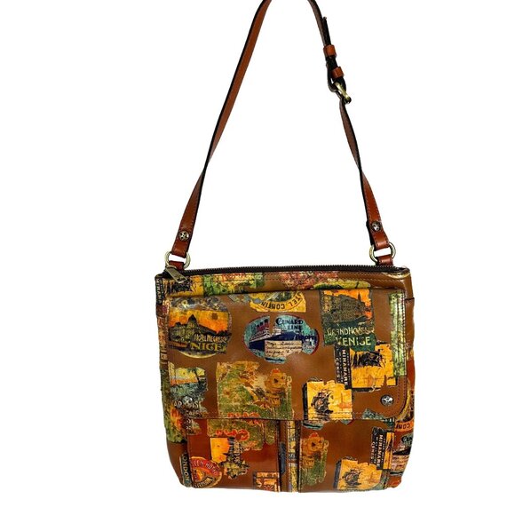 Patricia Nash Leather Ellson Vintage Travel Sticker Flap Shoulder Bag - Picture 1 of 12